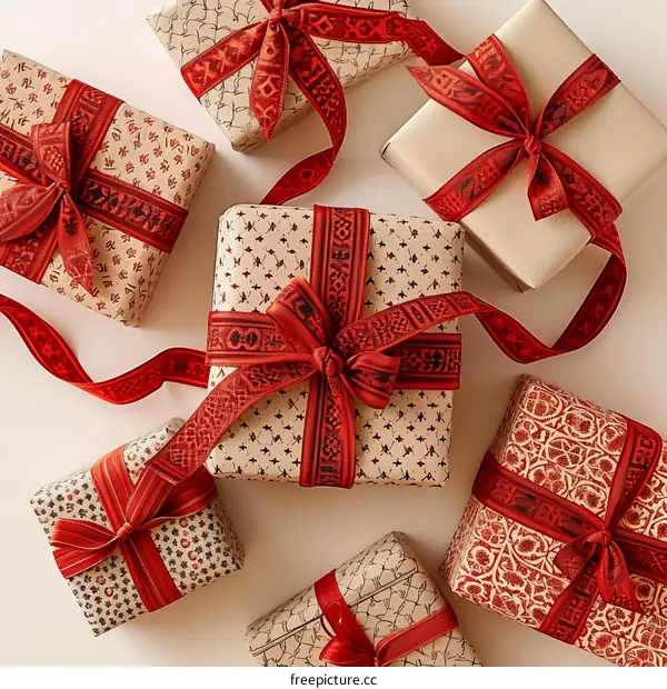 An overhead view of several wrapped presents with red ribbon