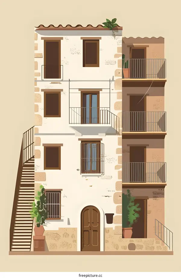 Exterior of a White Stone Building with Balconies