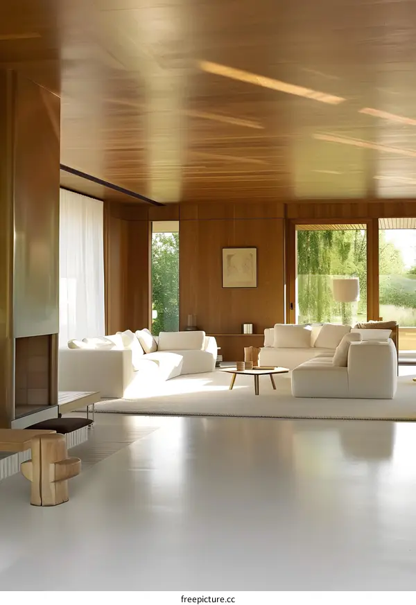 Modern Living Room With Wooden Ceiling and Large Windows