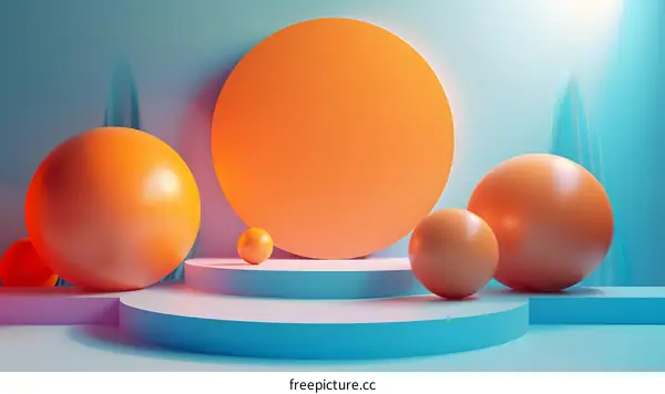3D rendering of geometric shapes and round geometric shapes on blue and pink background