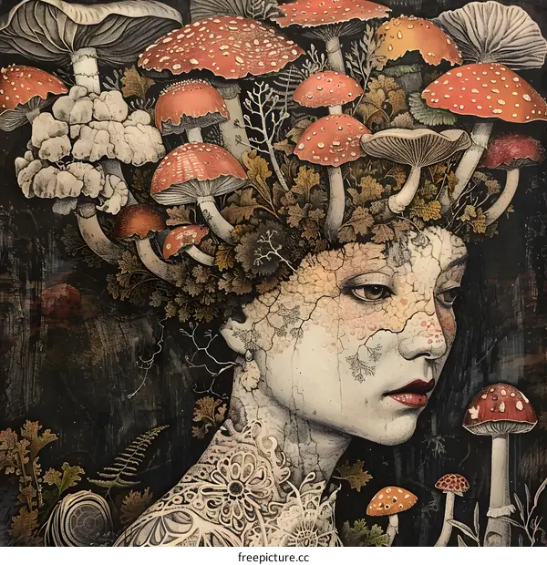 Woman With Mushroom Crown in the Forest