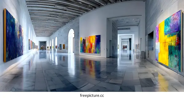 Modern Art Gallery Corridor with Colorful Paintings