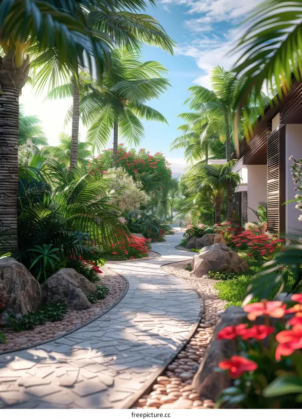 Tropical Garden Pathway with Lush Landscaping
