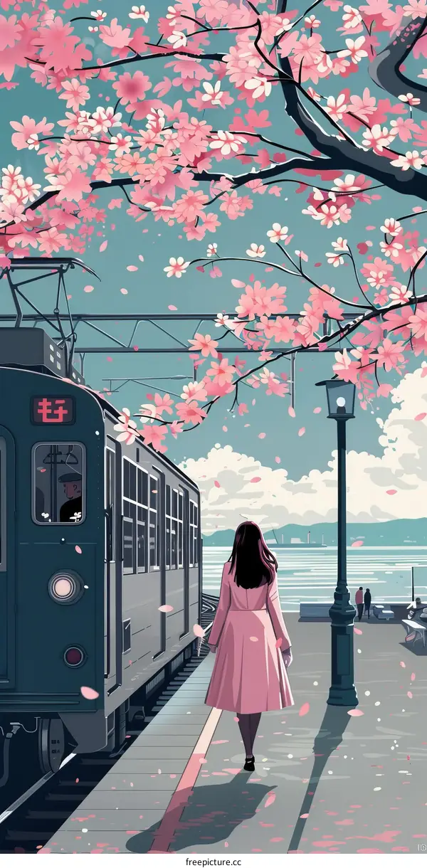 A woman in a pink dress walking along a train platform with cherry blossoms in the background