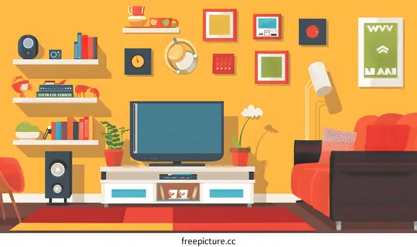 Living Room Interior Design with Yellow Walls and Red Sofa