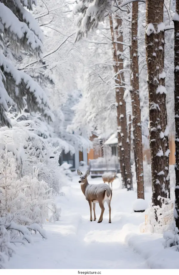 A solatary deer stands in the middle of a snowy forest