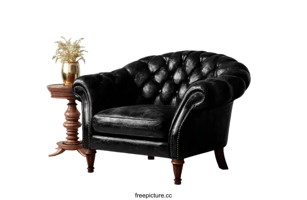 [Transparent Background PNG]Classic Black Leather Armchair and Side Table