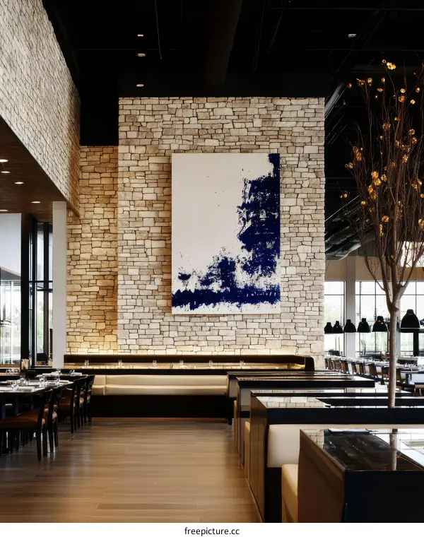Modern Restaurant Interior Design with Stone Wall and Abstract Painting