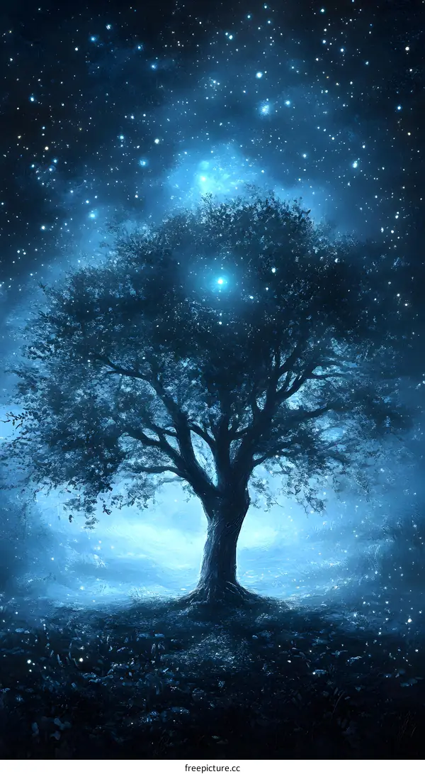 Night Sky Tree Silhouette with Stars