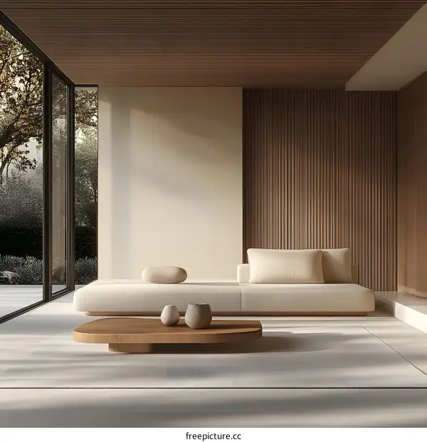 Minimalist Living Room Interior Design with Wooden Walls and Natural Light