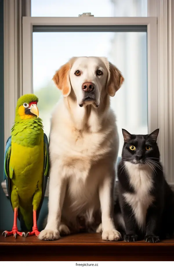 A parrot, a dog, and a cat are sitting on a wooden table in front of a window.