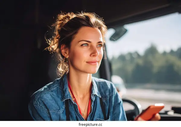 A Woman Driver Looking Out of Truck Window with Mobile Phone