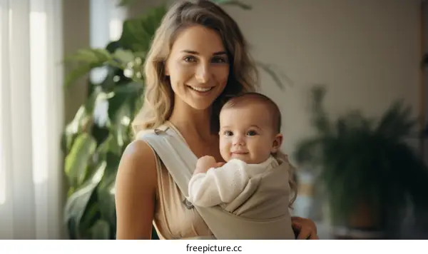 A mother is smiling while carrying her baby in a baby carrier