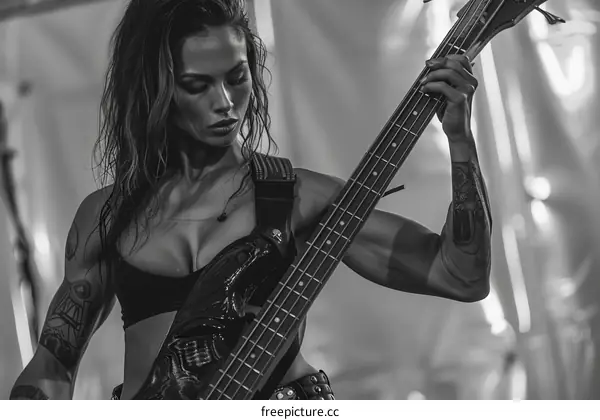 Portrait of a female bass player with tattoos playing bass guitar