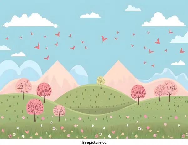 Spring Landscape with Pink Trees and Flying Birds