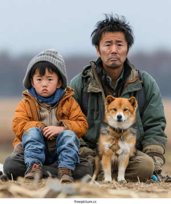 A man and a boy with a dog in a field