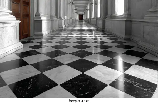 Elegant Checkered Marble Floor in a Grand Hallway