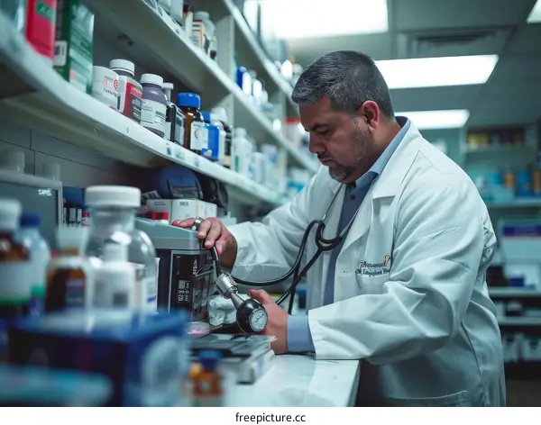 Hispanic Male Pharmacist Measures Patient's Blood Pressure in Drugstore