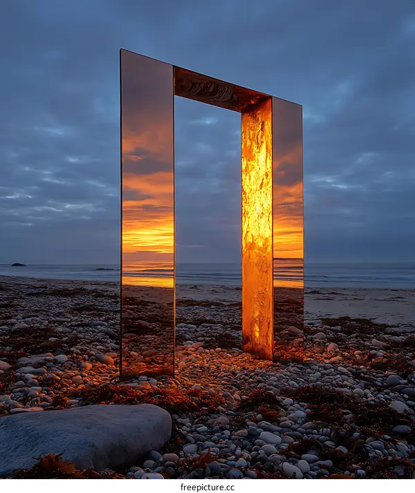 Mirror Installation Reflecting Sunset on Beach