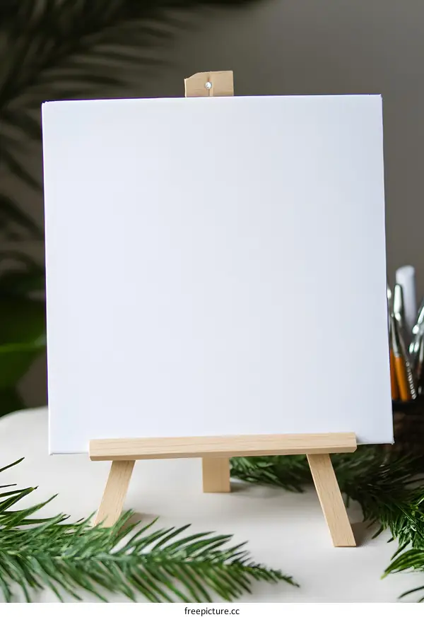Blank Canvas on Wooden Easel with Green Plant Leaves