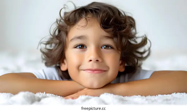 Portrait of a Smiling Little Boy with Curly Brown Hair