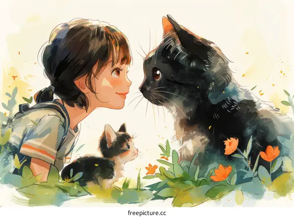 Girl Playing with Her Cats in the Garden