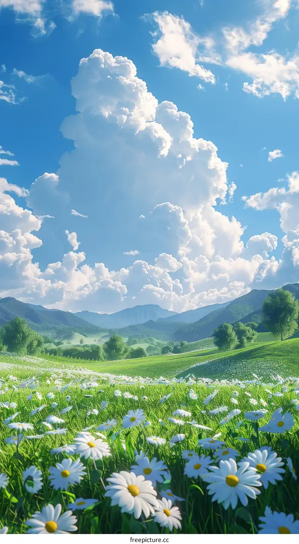 Beautiful Spring Meadow with White Flowers and Mountains