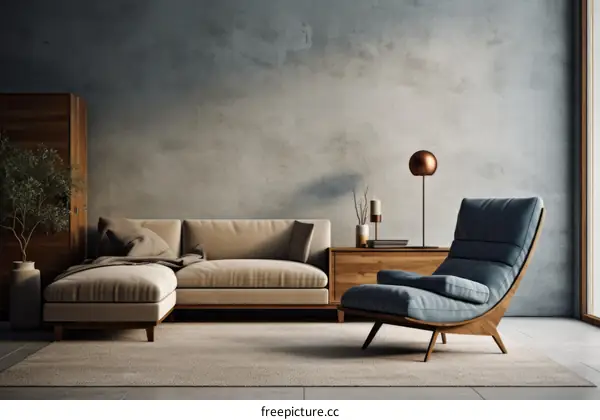 A stylish living room with a comfortable sofa and a blue armchair