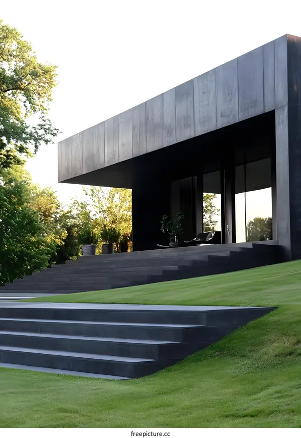 Modern Architecture House With Black Facade and Concrete Stairs