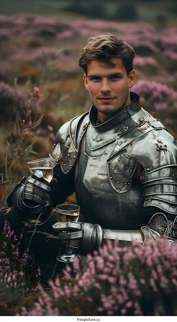 Knight in Armor Drinking Wine in a Field of Flowers