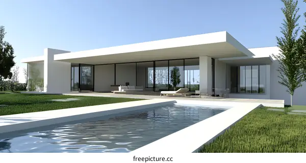 Modern Minimalist House with Swimming Pool and Lush Green Lawn