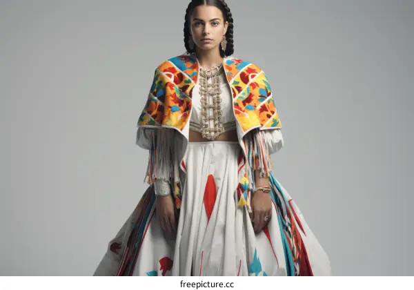 A young woman wearing a colorful embroidered cape and a white dress with a red sash.