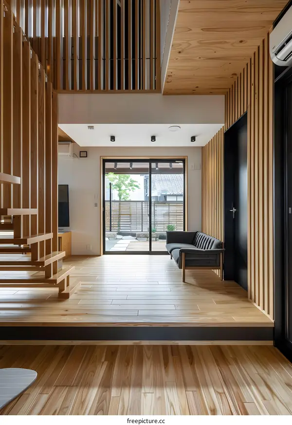 Modern Japanese Home Interior Design with Wooden Stairs and Patio View