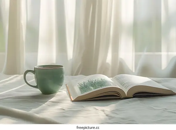 Coffee and Book on Bed with Sunlight