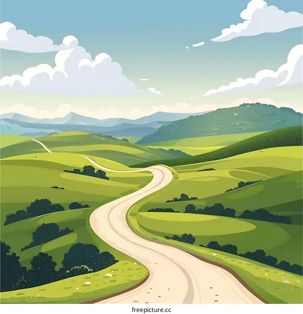 Winding Road Through Rolling Green Hills