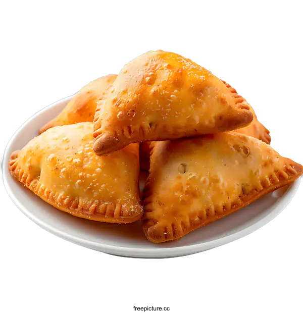 [Transparent Background PNG]Four golden brown empanadas on a white plate