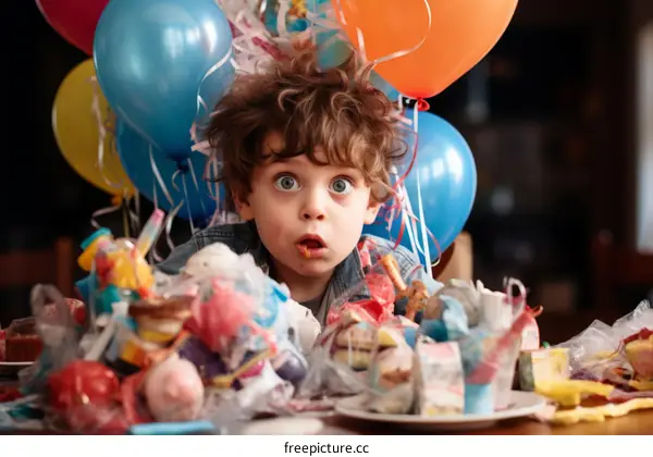 Little boy covered in cake and candy with a surprised expression on his face