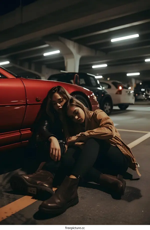 Two Young Women Sitting Next To Red Car In Parking Garage