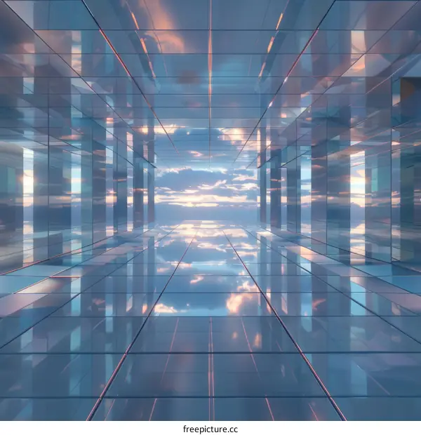 Futuristic glass tunnel with blue sky and clouds