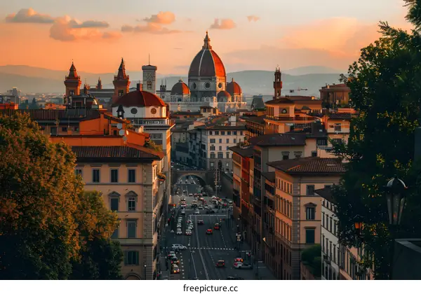 Sunset View of Florence Italy with Buildings and a Street