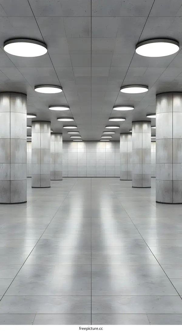 Modern Minimalist Interior Design With Grey Concrete Columns and Ceiling Lights
