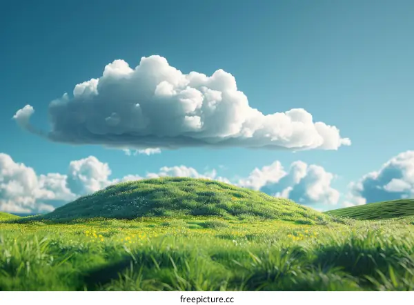 Green Hills and Blue Sky with a Single Cloud