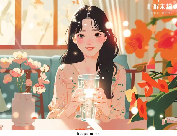 A girl is drinking water in the sunshine