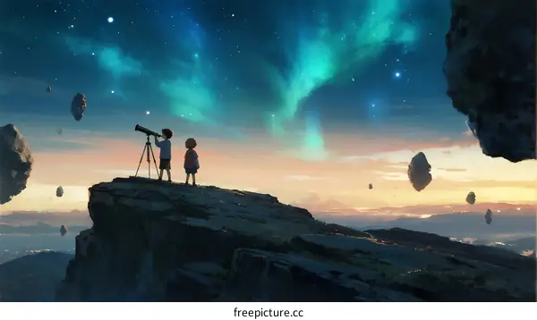 Two children looking at stars with telescope under northern lights