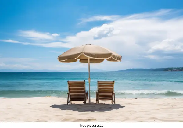 Two beach chairs under a beach umbrella on a sandy beach with the ocean in the background