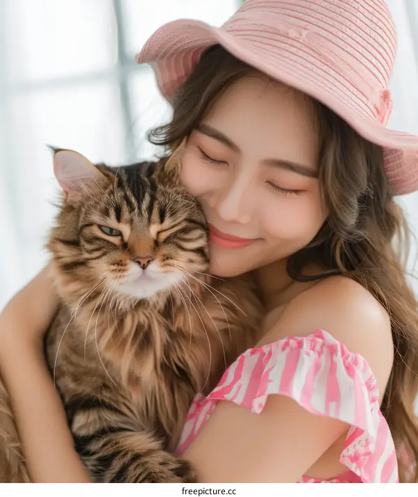 Asian woman hugging a brown tabby cat