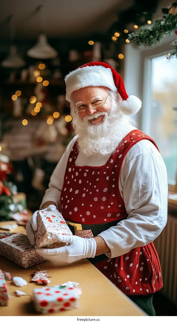 Santa Claus Preparing Christmas Gifts in Cozy Home