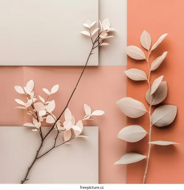 Minimalist Branches and Leaves on a Peach and White Background