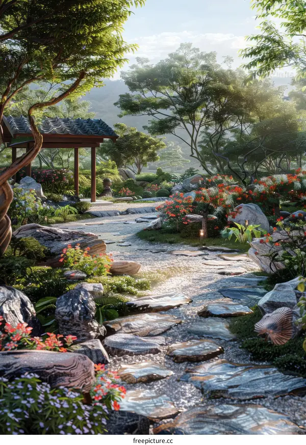 Zen Courtyard with Stone Path, Lush Greenery, and Oriental Design