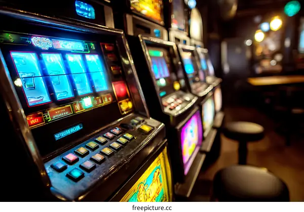 Casino Slot Machines in a Dark Room